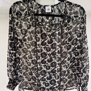 CAbi Sheer Black and White Floral Blouse